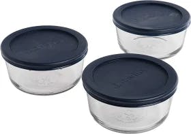 Recipientes redondos de vidrio para almacenamiento de alimentos con tapas azules SnugFit product